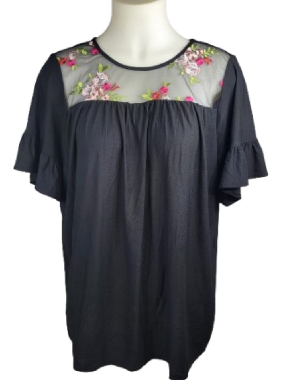 Kristin Nicole Black Floral Bell Short Sleeve Top Sz 2X